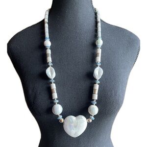 Vintage 80s Artisan Iridescent Ceramic Heart White Blue Bead Statement Necklace